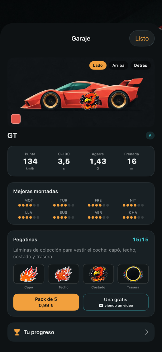 El garaje, con las mejoras montadas y las pegatinas